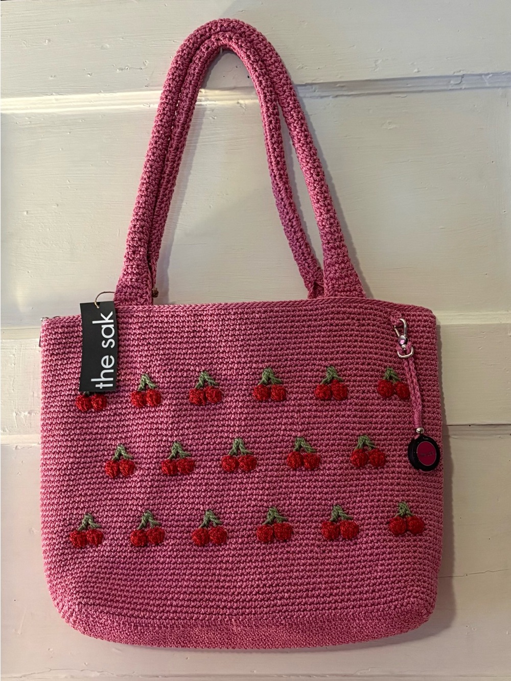 NWT The Sak Pink Crochet Tote with Pink Cherry Embroidery